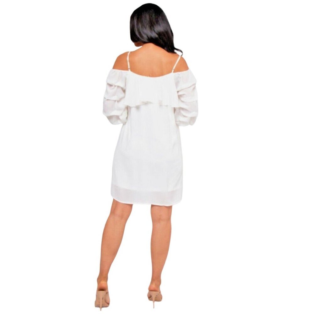 NEW MINI DRESS Sizes S-M &L WHITE RUFFLE SLEEVES - Picture 3 of 4